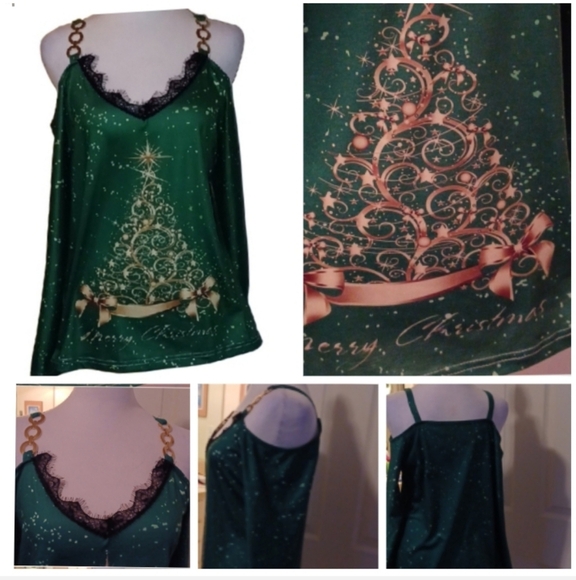 💙🏍Green Christmas Tree Women's Top With Pickaboo Sleeves - Picture 1 of 13